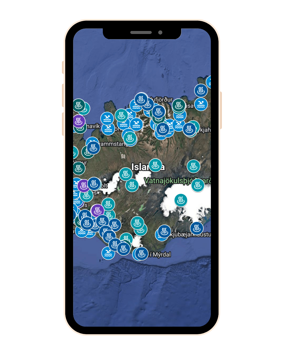 Mapa Islandii: Gorące źródła